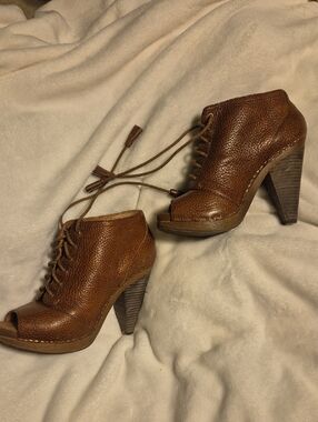 Lucky Brand Brown Leather Lace-Up Peep-Toe Heels
